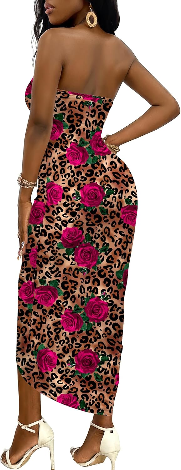 Umenlele Women's Strapless Ruched High Waist Wrap Split Asymmetrical Beach Maxi Long Dress