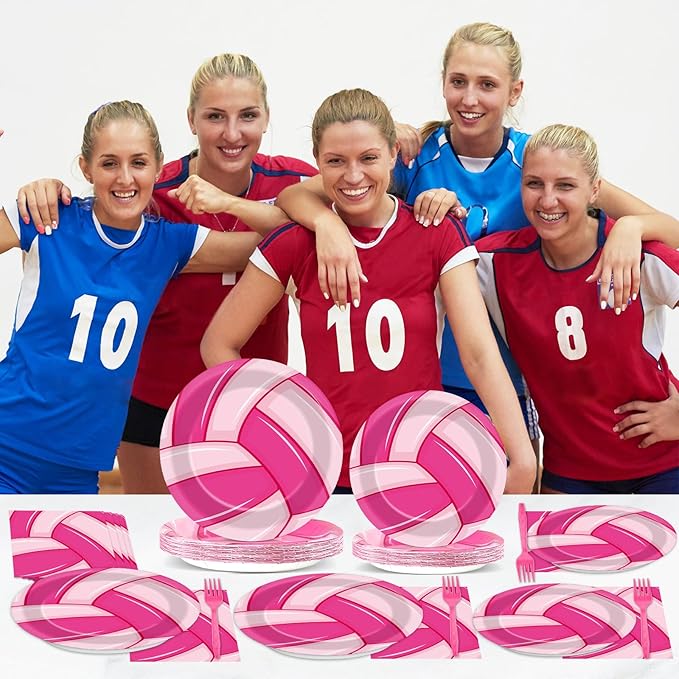 96Pcs Pink Volleyball Party Supplies - Sport Paper Plates, Napkins, Theme Decorations, Dinnerware Favor for Birthday, Baby Shower Tableware - Serves 24