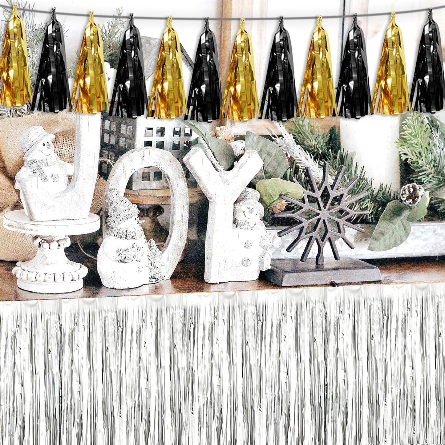 3P Black Gold Tassel Banner Garland Metallic Foil Fringe Banner Tinsel Tassels Streamer Banner Backdrop for Parade Floats, 2025 Graduation Decorations, Father's Day,New Years Party Decoration