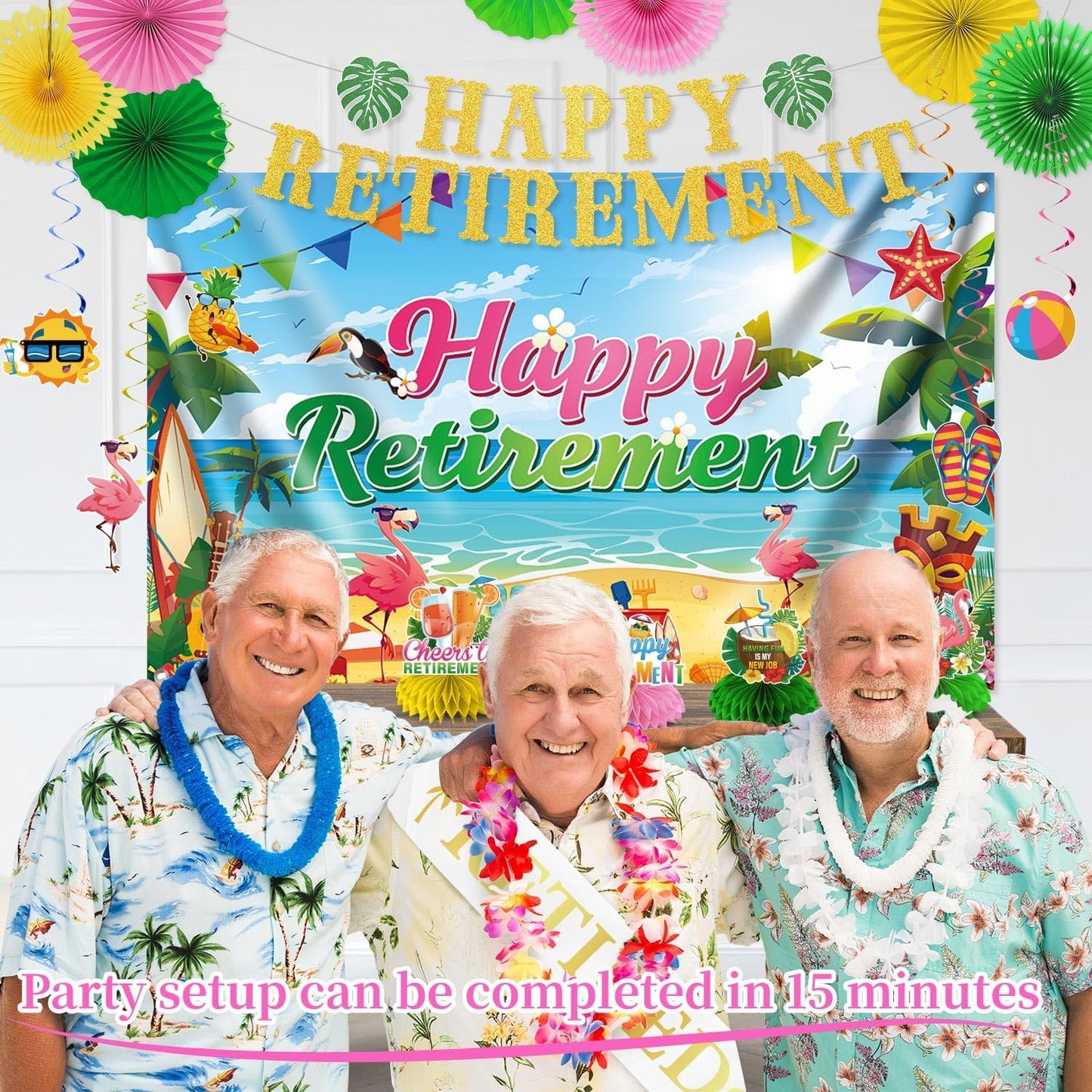 Luau Hawaiian Retirement Party Decorations, 23Pcs Beach Retirement Party Happy Retire ment Banner Backdrop, Tropical Retire ment Decorations Honeycomb Centerpieces Hanging Swirls Paper Fans