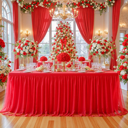 Suppromo 4 Pack 6ft Red Tulle Tablecloths for Rectangle Tables, 6 Foot Red Rectangular Table Cloth Wrinkle Free Tablecover with Tutu Skirt for Baby Shower Wedding Birthday Party Banquet Buffet Cake