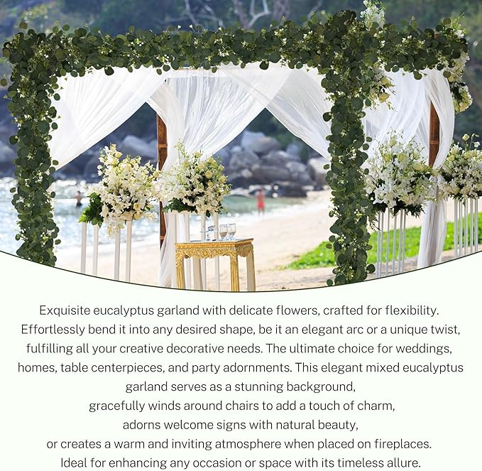 Eucalyptus Garland, 6Pcs 6FT Green Flower Garland Decor, Spring Summer Artificial Faux Eucalyptus Leaves Greenery Vines for Table Runner Wedding Arches Mantle Centerpieces Backdrop Decorations