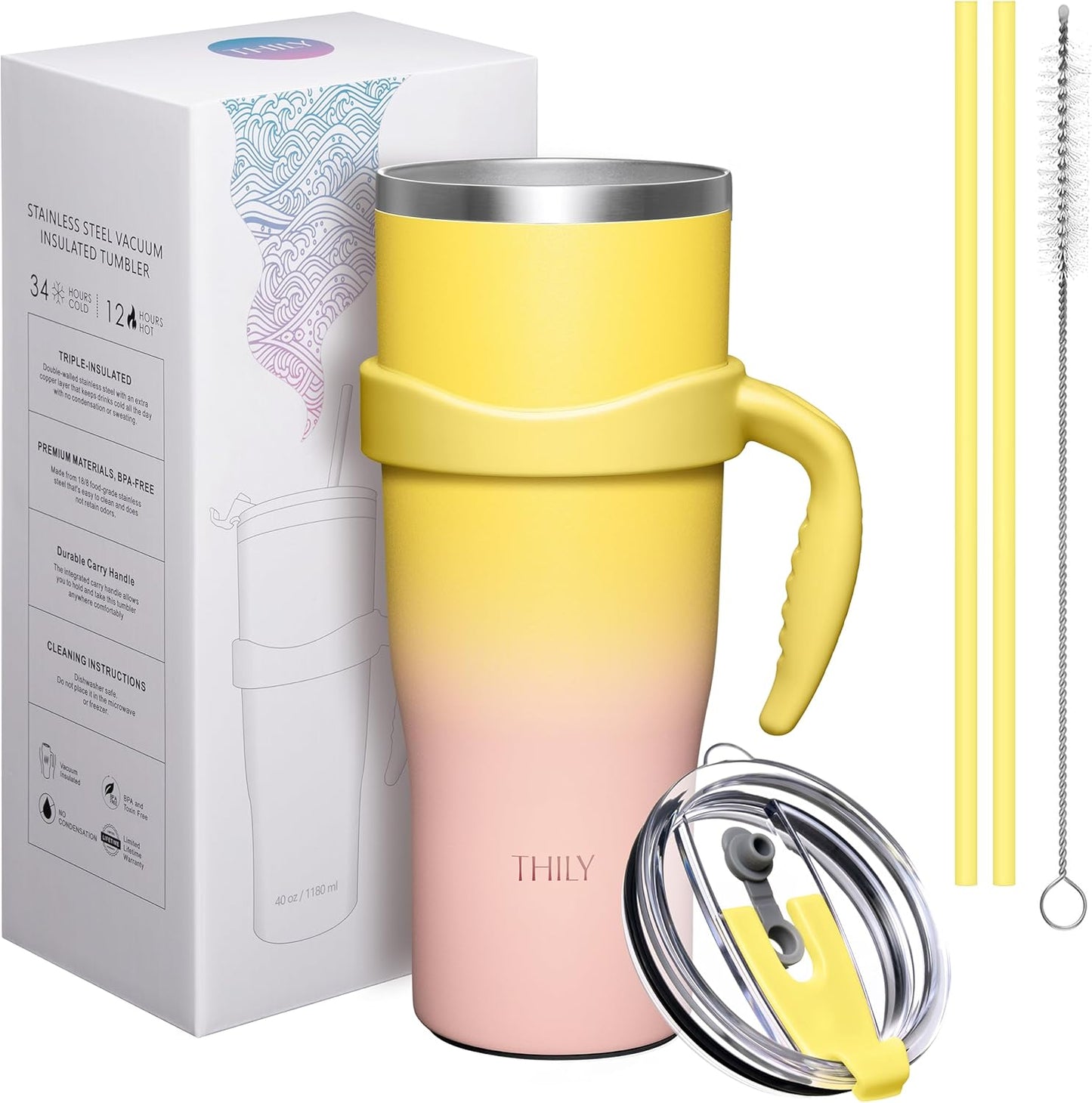 THILY 40 oz Insulated Tumbler with Handle - Stainless Steel Coffee Travel Mug with Lid and Straws, Keep Drinks Cold for 34 Hours or Hot for 12 Hours, BPA Free, Sunset
