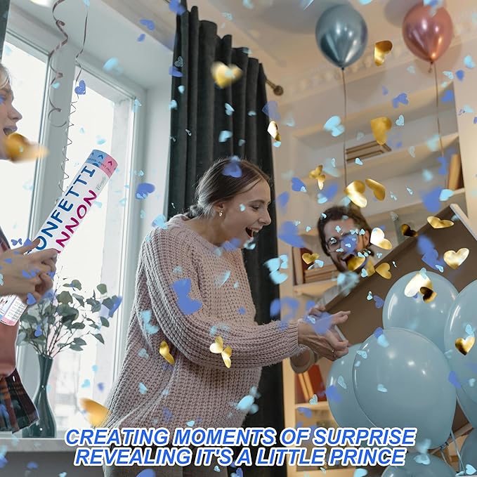 2 Pack Gender Reveal Confetti Cannon, 12 in Blue Heart shaped Paper Party Poppers Cannons, Confetti Poppers For Baby Boy Girl Gender Reveal Baby Showers (Heart, Blue)