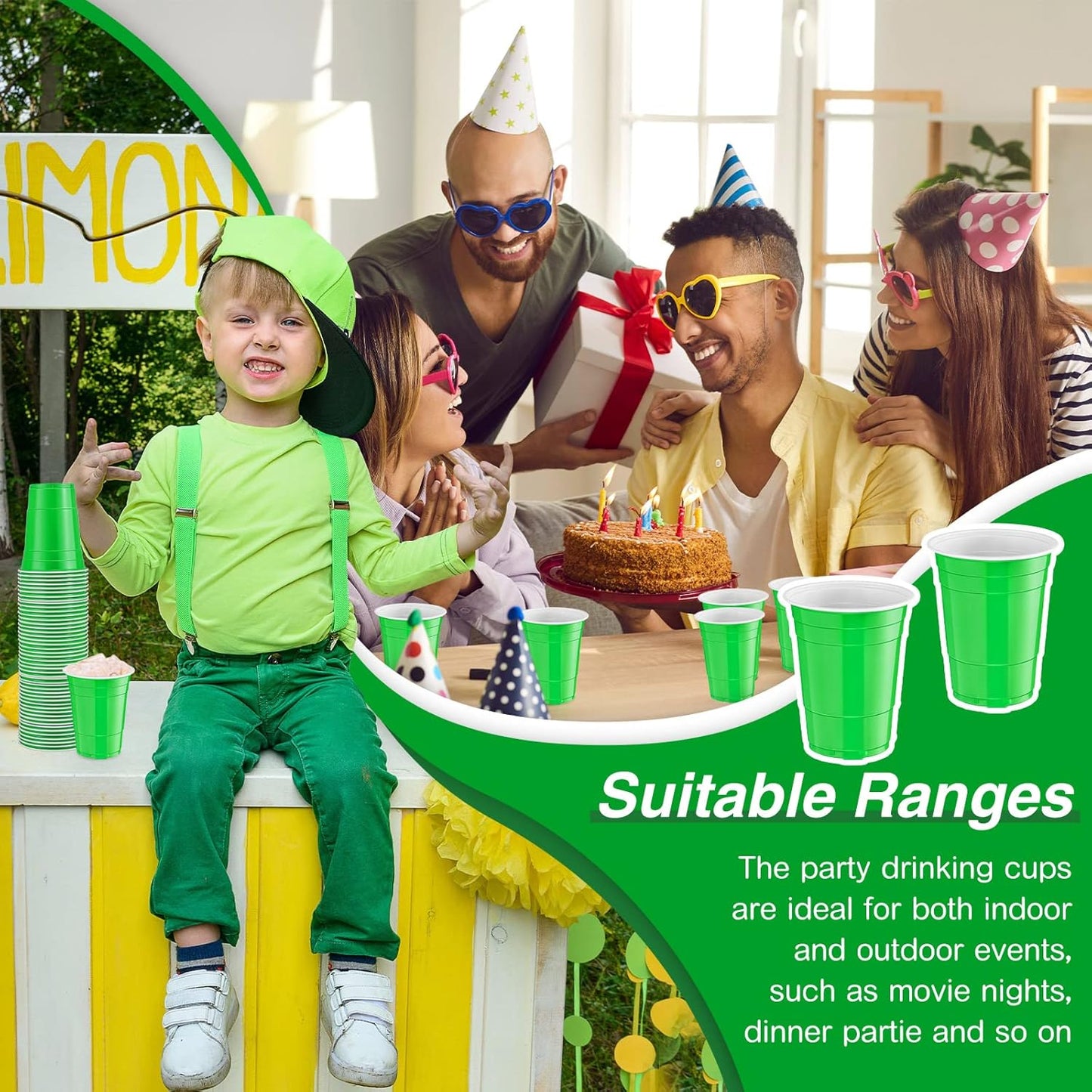 Lounsweer 100 Pack 16 Ounce Christmas Plastic Party Cups Disposable Heavy Duty Drinking Water Cups for Holiday Christmas Festival Wedding New Year Birthday Party Supplies(Green)