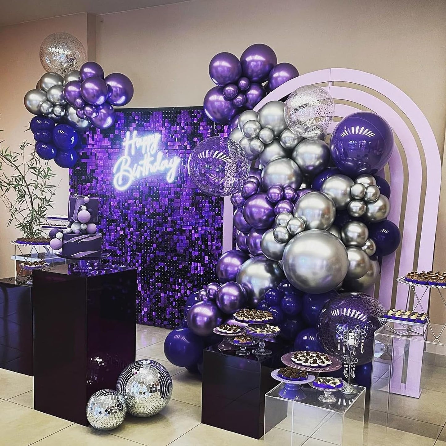 Purple Black Balloons 50 Pack – 12 Inch Metallic Silver Latex Balloons with Ribbons & Confetti for Halloween, Birthday, Anniversary & Graduation