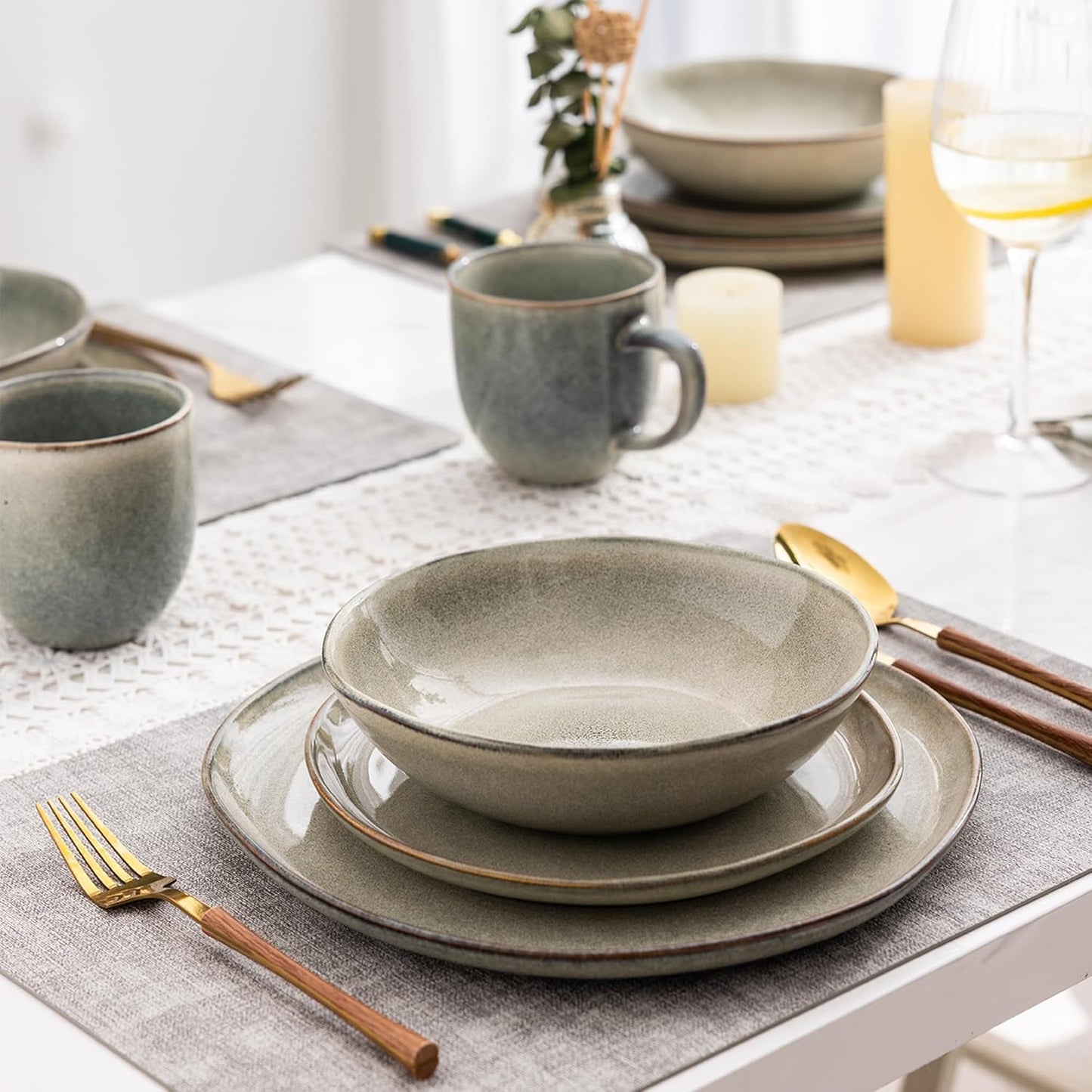 AmorArc Ceramic Dinnerware Sets,Handmade Reactive Glaze Stoneware Plates and Bowls Set,Highly Scratch Resistant | Dishwasher & Microwave Safe Dishes Set,Service for 4 (12pc)