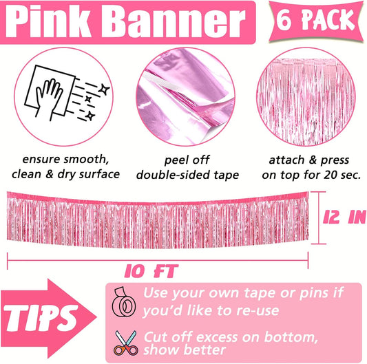 6 Pack 10 Feet Foil Fringe Garland Metallic Tinsel Banner Wall Hanging Curtain Streamers Backdrop for Parade Floats Bachelorette Wedding Birthday Party Thanksgiving Christmas Decorations(Pink)