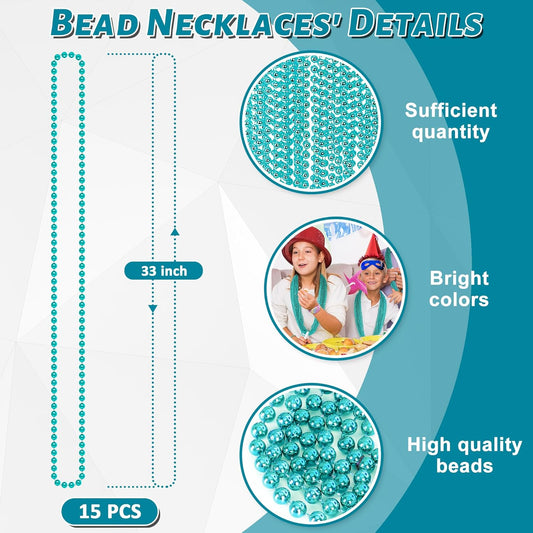 15PCS Mardi Gras Beads, Metallic Blue Teal Accessories Party Favors, 33" Mardi Gras Teal Beads Necklace Stuff, Festival Parade Throw Accessories for Wedding Birthday Gender Reveal Party Supplies