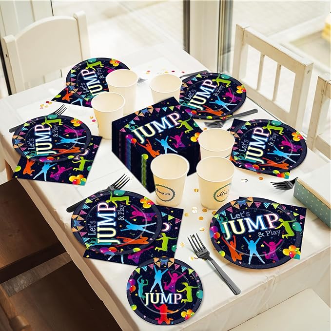 96Pcs Jump Party Supplies Lets Jump Paper Plates Napkins Trampoline Party Decorations Jumping Theme Birthday Dinnerware Party Favor Baby Shower Tableware Serves 24