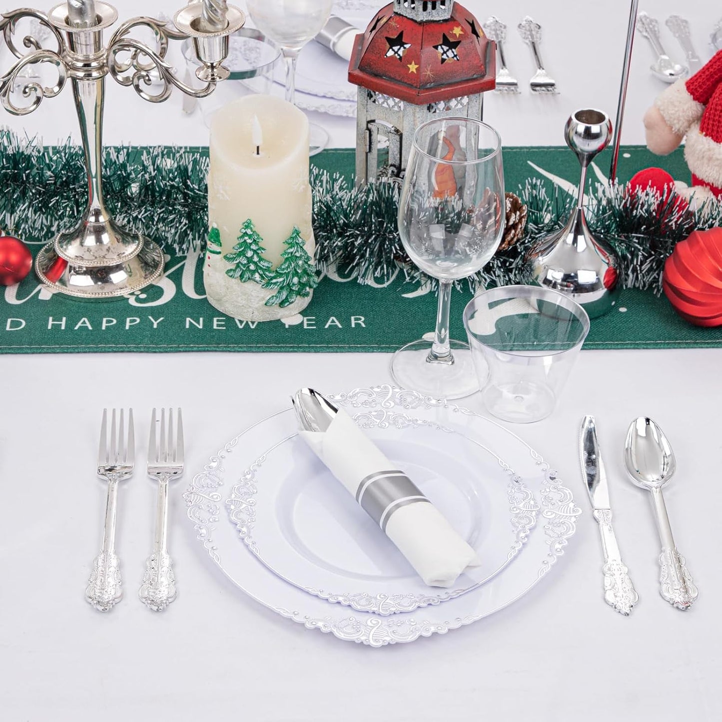 Liacere 350PCS Silver Plastic Plates&Pre Rolled Napkins for 50 Guests - Plastic Dinnerware Sets 100Silver Disposable Plates, 150Silver Silverware, 50Cups and 50Napkins for Wedding