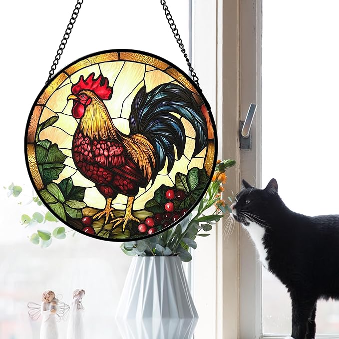 Stained Glass Window Hanging, Colorful Big Cock Sun Catcher for Window Door Home Decor, Chicken Suncatcher Christmas Mother's Day Birthday Gifts for Women Men Mom and Nana 6.3 in