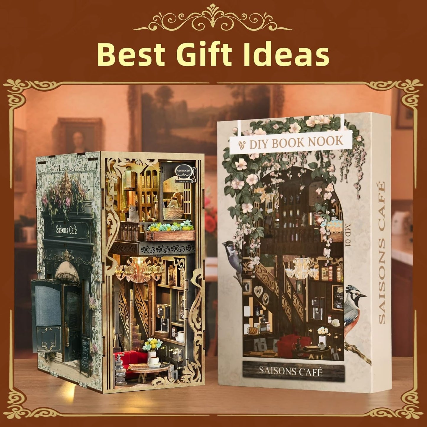 Book Nook Kit, DIY Miniature Dollhouse Kit 3D Puzzles for Adults Tiny House Mini Home Craft Bookshelf Nook Puzzle Book Decor Gifts for Teenagers Book Lovers (Saisons Café)