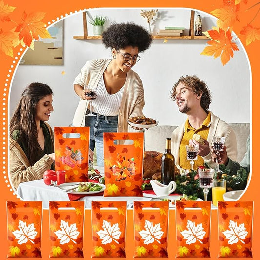Supervitae 100 Pcs Thanksgiving Party Gift Bags Fall Maple Leaves Favor Bags Bulk with Handles for Snacks Goodie Candy Treat Thanksgiving Party Supplies