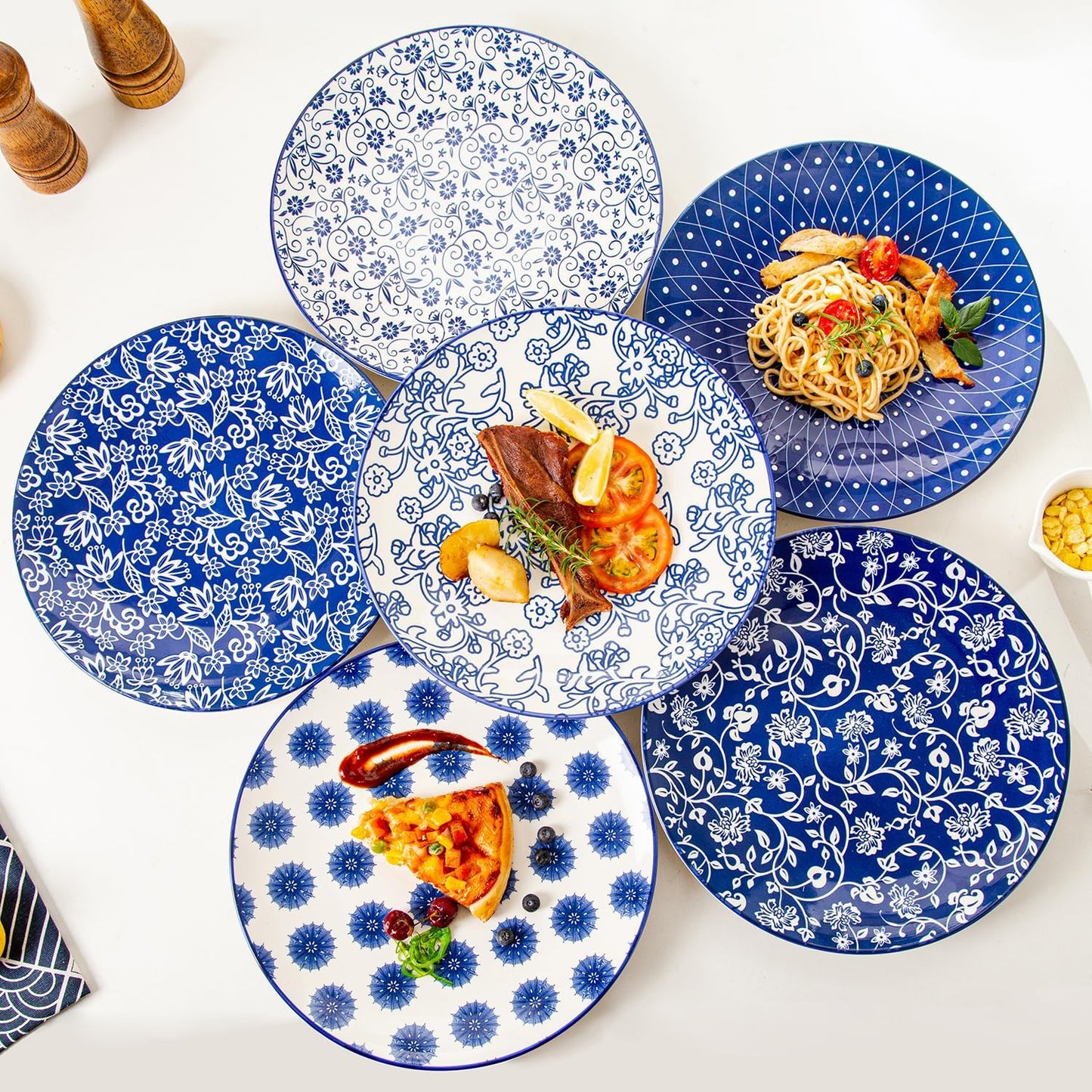 Ceramic Dinner Plates Set - 10.5 Inch Large Kitchen Porcelain Salad Serving Plate for Pasta Steak Pizza Pancakes - Scratch Resistant Dishwasher Oven Microwave Safe - Set of 6 - Vintage Blue
