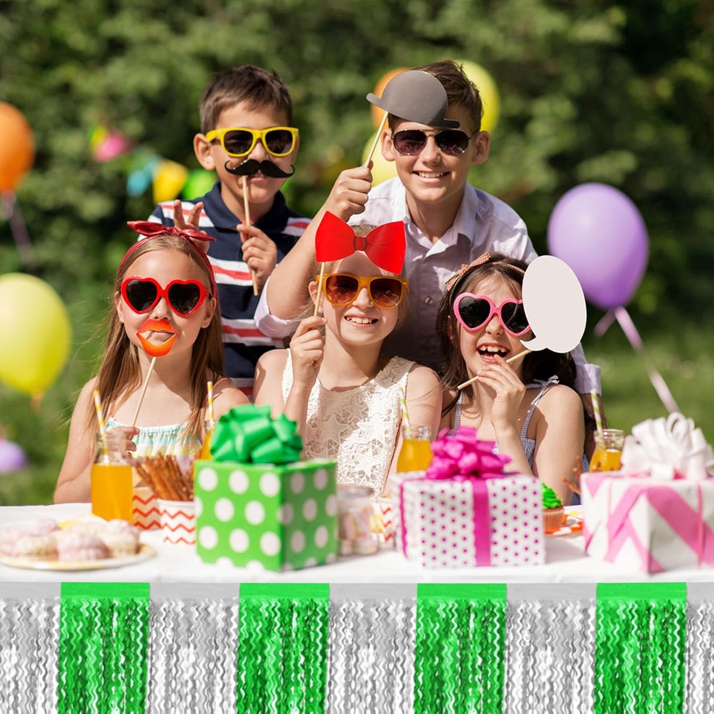 6 Pack 10 Feet Silver Green Wave Foil Fringe Garland Metallic Tinsel Streamers Banner Wall Hanging Curtain Backdrop for Parade Floats, Mother's Day, Easter, Wedding, Birthday Party Decoration
