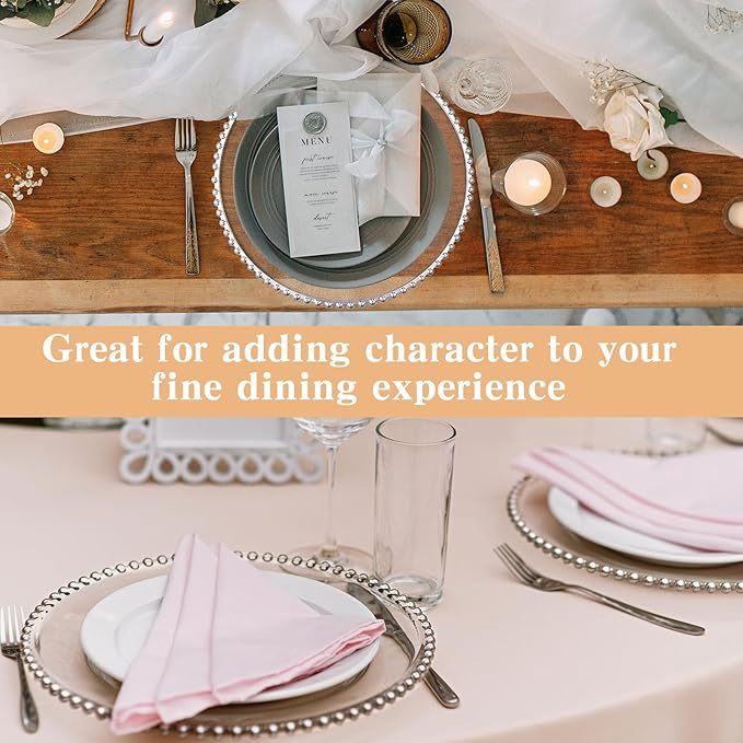 Hoolerry 50 Pack Clear Charger Plates Bulk 13 Inch Plastic Round Beaded Dinner Chargers Acrylic Frosted Grain Decorative Service Plates for Wedding Party Event, Home and Kitchen Tabletop (Silver)