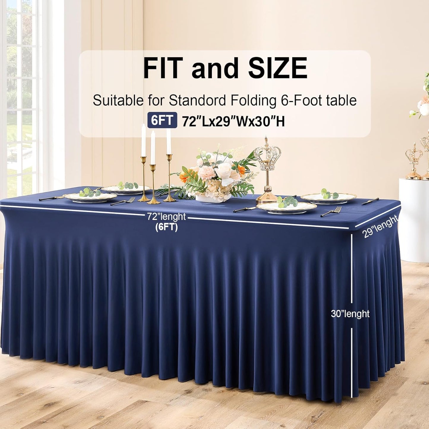 Outpain 6ft Spandex Table Cloth for Standard Folding Tables-6Pack Navy Blue Table Cloth Table Protector for Party, Wedding, Cocktail, Banquet, Festival