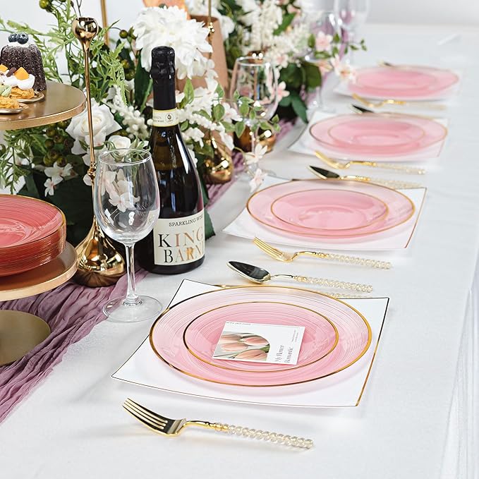 N9R 60PCS Pink Plastic Plates with Gold Rim – 30 Dinner & 30 Dessert Plates, Circular Ribbed Design, Elegant Disposable Plates for Weddings, Events, Banquets, Special Occasions (Translucent Pink)