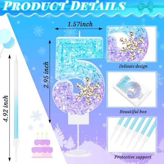 MTLEE Number 5 Birthday Candle Blue Snowflake with 6 Long Thin Cupcake Candles Blue Sparklers Glitter Number Happy Birthday Cake Topper Decorations for Winter Party Supplies