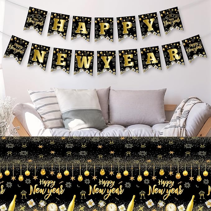 Happy New Years Eve Decorations 2026 - Black Gold Happy New Year Banner, New Years Sign Bunting Banner Garland for 2026 New Year Party Supplies, Home Office Fireplace Wall Decorations Favors Props