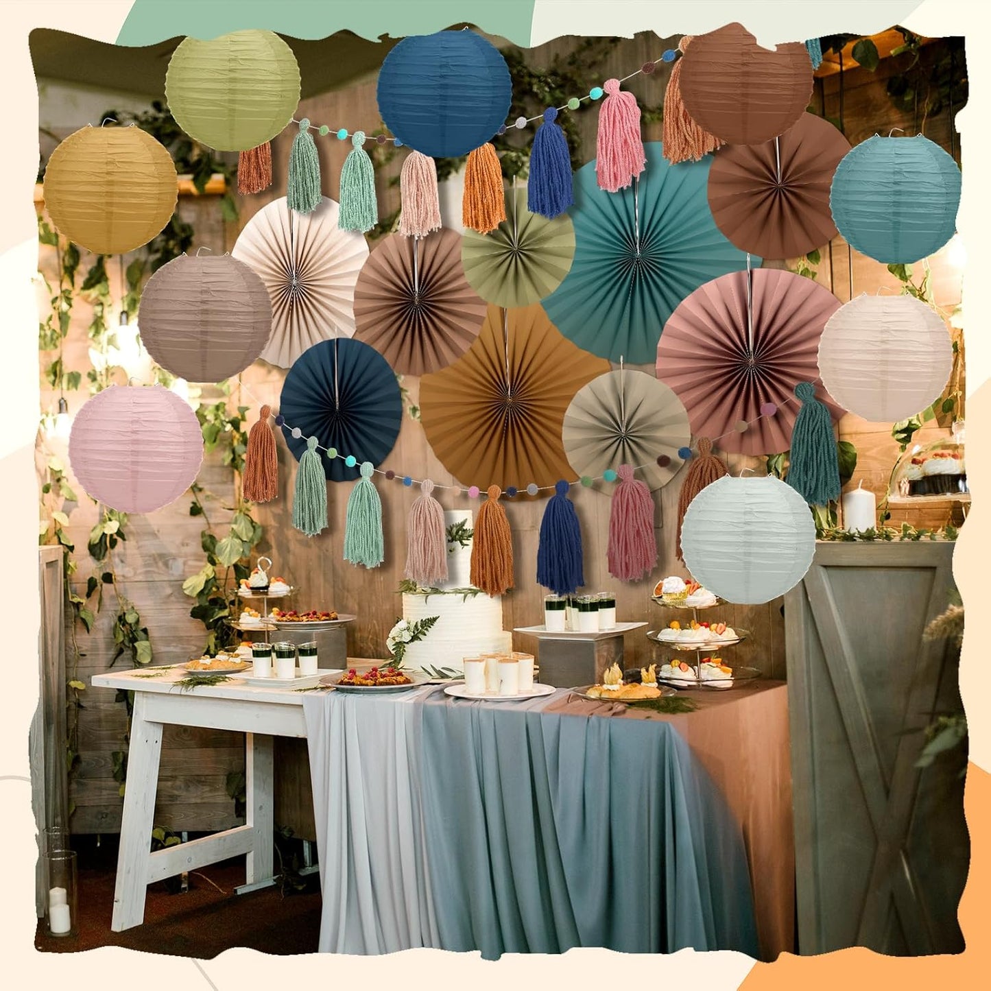 Feifeiya Boho Party Decoration 20 Pcs Hanging Paper Fans Paper Lanterns Tassel Garlands Set Back to School Wall Hanging Fans for Classroom Decor Birthday Baby Shower Wedding