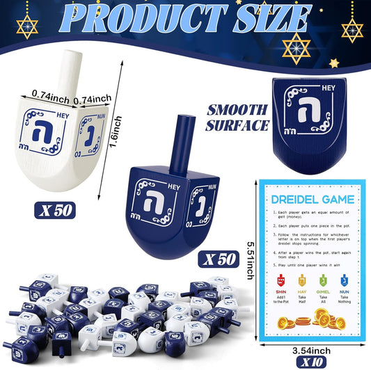 Wettarn 100 Pieces Hanukkah Dreidels Bulk Wooden Hanukkah Dreidels with Game Instruction Cards for Party Game(Size 1,Elegant Style)
