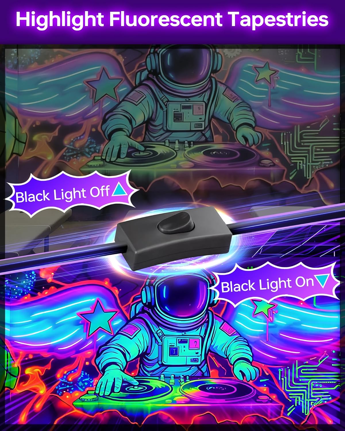 4 Pack LED 42W Black Lights, Blacklight Bars with Plug+Switch+6ft Cord, Light Up 24x24ftx4, Blacklight for Glow Party, Fluorescent Poster, Body Paint, Halloween Decorations, Bedroom, Stage