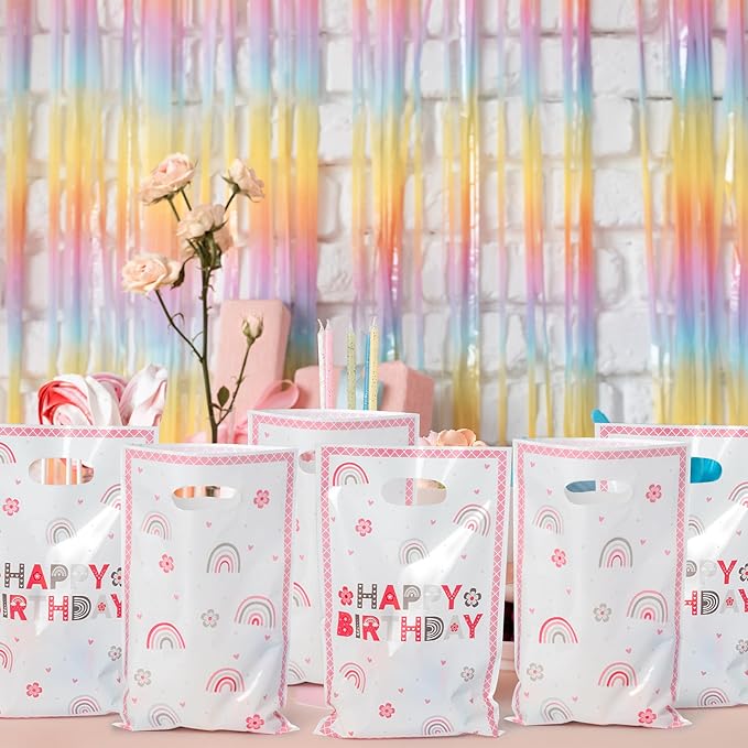 50Pcs Pink Boho Birthday Party Favor Bags, Plastic Boho Rainbow Goodie Candy Treat Gift Bag with Handles Retro Groovy Girls Kids Birthday Party Supplies Decorations