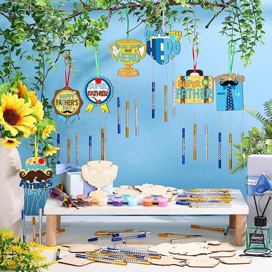 DoubleFill 30 Pack Father’s Day Wind Chime Craft Kit, DIY Paintable Wooden Wind Chimes with Tubes, Make Your Own Hanging Art Ornaments for Dad Birthday Gifts Party Decorations