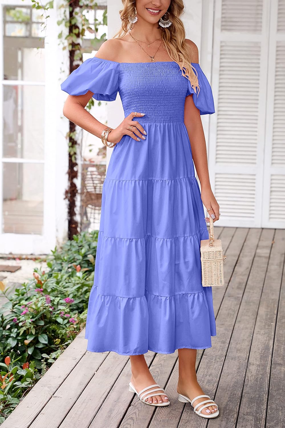 PRETTYGARDEN Women's Casual Summer Midi Dress Puffy Short Sleeve Square Neck Smocked Tiered Ruffle Dresses