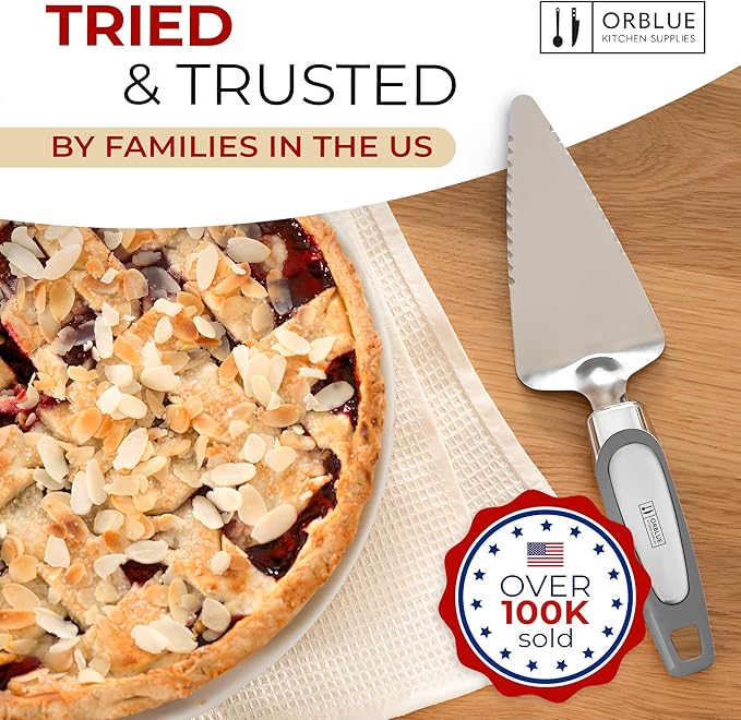 Orblue Pie Server, Essential Kitchen Tool, Serrated on Both Sides, Great for Right or Left Handed Chef, Stainless Steel Flatware, Cake Cutter, Gray