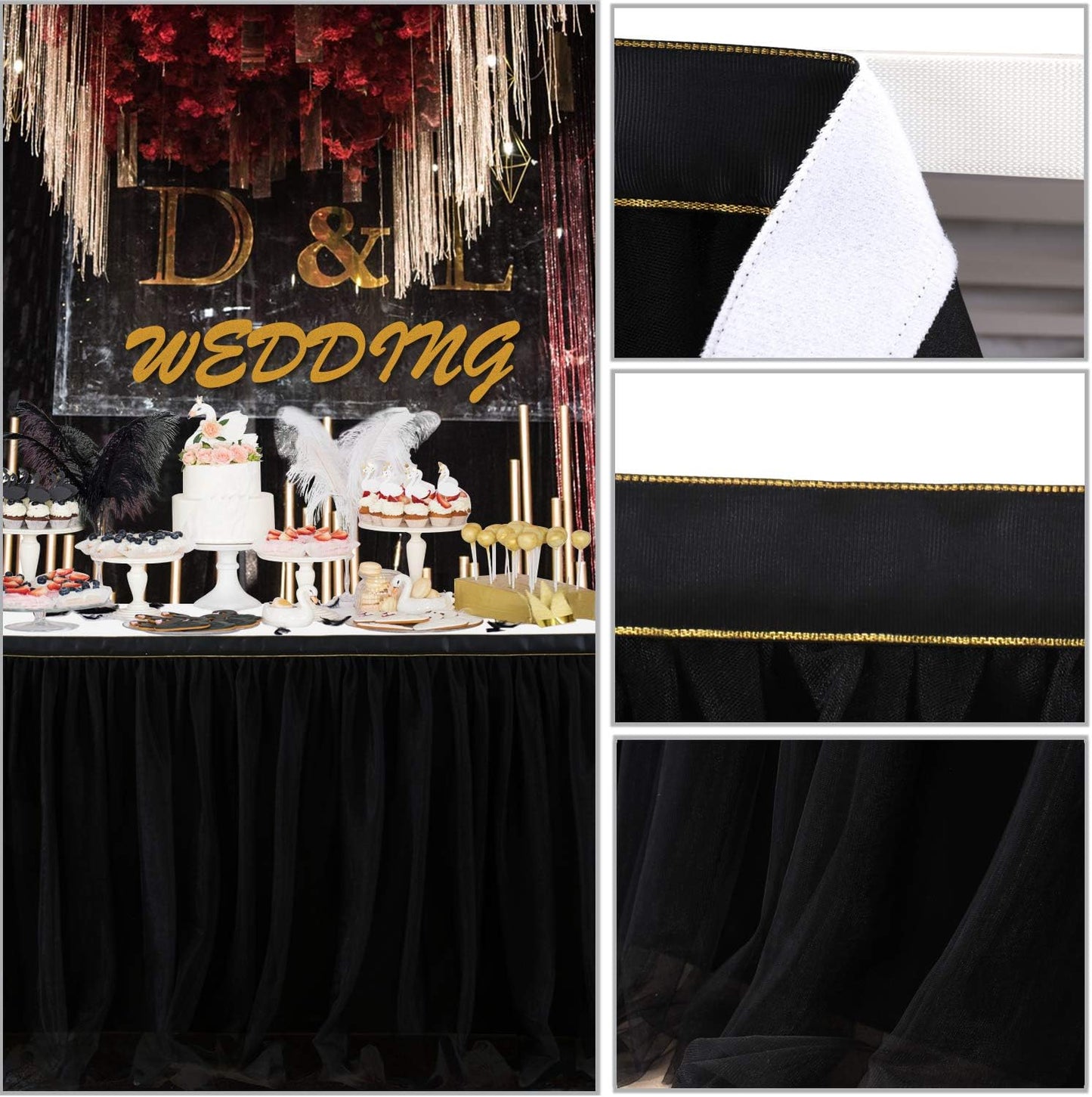 Suppromo 9ft Black Table Skirts for Rectangle Tables or Round Tables Black Tutu Table Cloth for Black Gold Happy Birthday Party, Wedding, Baby Shower, Graduation, Halloween Party Decorations