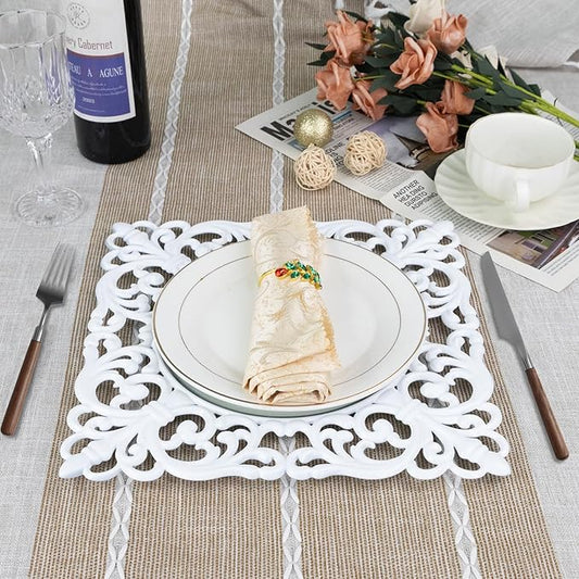 MAONAME 12" White Charger Plates Set of 6, Mirror Charger for Dinner Plates, Plastic Plate Chargers with Embossed Rims, Square Chargers for Table Setting, Wedding