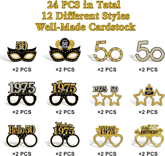 24Pcs 1975 50th Birthday Paper Glasses Decorations for Men Women - Black Gold Happy 50th Birthday Paper Eyeglasses Photo Props, Vintage 1975 Fifty Years Old Birthday Party Supplies