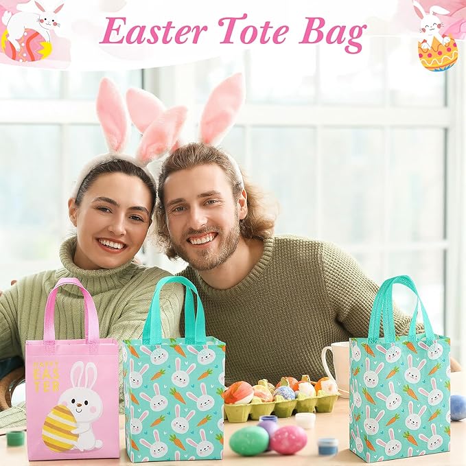 Wovnet 30 Pcs Easter Gift Bags Pastel Colors Easter Bunny Goodie Treat Tote Bags with Handle Reusable Non Woven Rabbit Carrots Party Favor Pouch for Spring Party Supplies 10 x 8 x 4in
