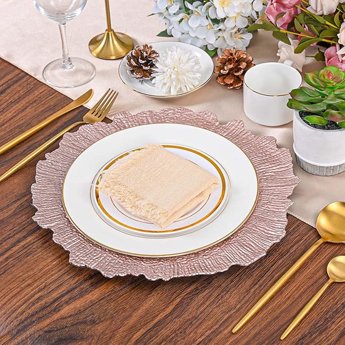 Pesonlook 24Pcs Rose Gold Charger Plates Round 13inch, Reef Plate Chargers for Dinner, Bulk Plastic Floral Table Plates for Dinner Wedding Party Event Table Setting Decoration(Rose Gold)
