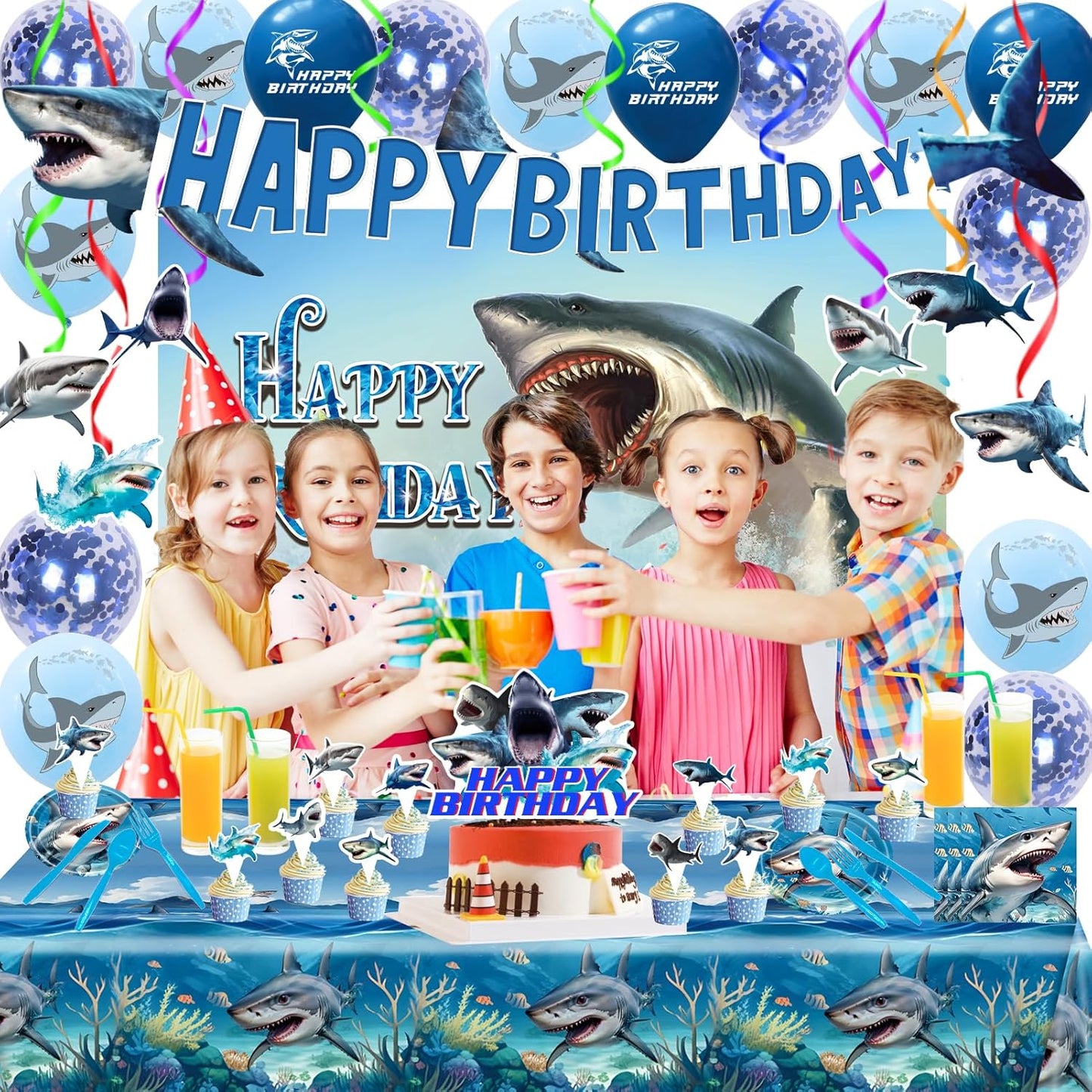 Shark Birthday Party Supplies, Shark Theme Style Party Include Happy Birthday Banner, Backdrop, Tableware Set, Tablecloth, Hanging Swirls, Cake Toppers, Cupcake Toppers, Latex Balloons(A)