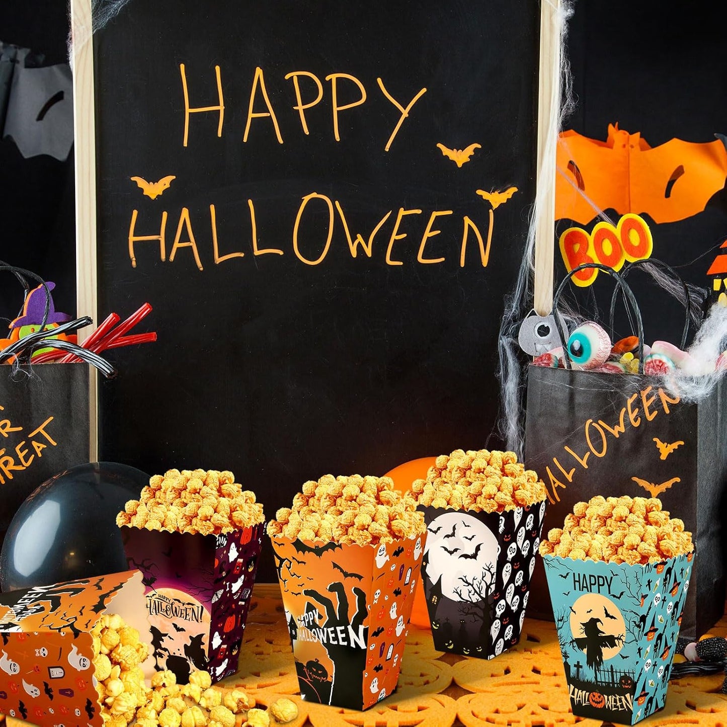 DECYOOL 24 Pcs Halloween Popcorn Boxes, Hocus Pocus Popcorn Boxes Pumpkin Bat Witch Trick Or Treating Popcorn Candy Cookie Treat Boxes for Halloween Theme Birthday Party (4 Styles)