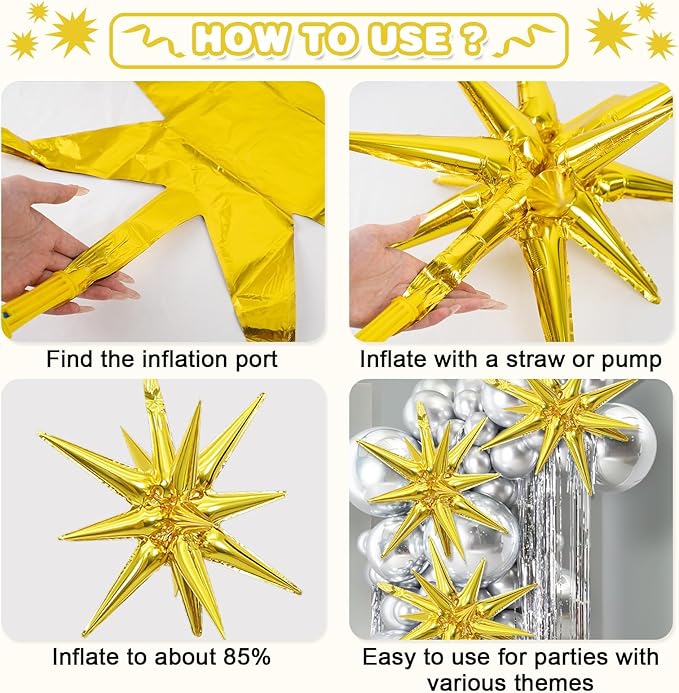Gold Star Balloons,9Pcs 22Inch Gold Explosion Spike Cone Helium Polyester Film Star Foil Balloons for Birthday Anniversary Baby Shower Wedding New Year Disco Party Decorations