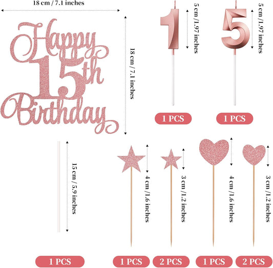 15th Birthday Cake Decorations, 15th Birthday Candles Cake Numeral Candles and Glitter Happy 15th Birthday Cake Toppers Set for Birthday Party Supplies (Rose Gold)