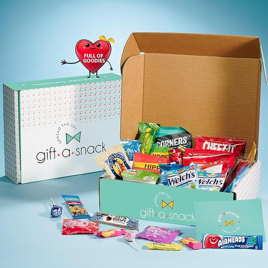 Gift A Snack - Halloween Trick or Treats Snack Box Care Package Variety Pack + Greeting Card (200 Count) Birthday Sweet Treats Gift Basket, Candies Chips Crackers Bars, Office Food Assortments
