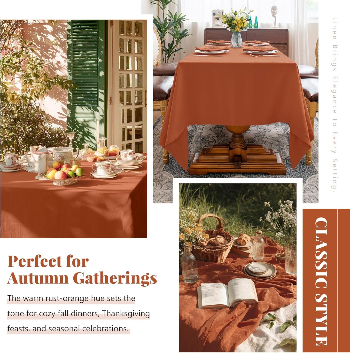 Linen World Fall Linen Tablecloth 120" x 60" Inch,French Linen Washable Rectangular Table Cloth for Dining,Outdoor,Weddings and Restaurants,Decorative Thanksgiving Christmas,Burnt Orange
