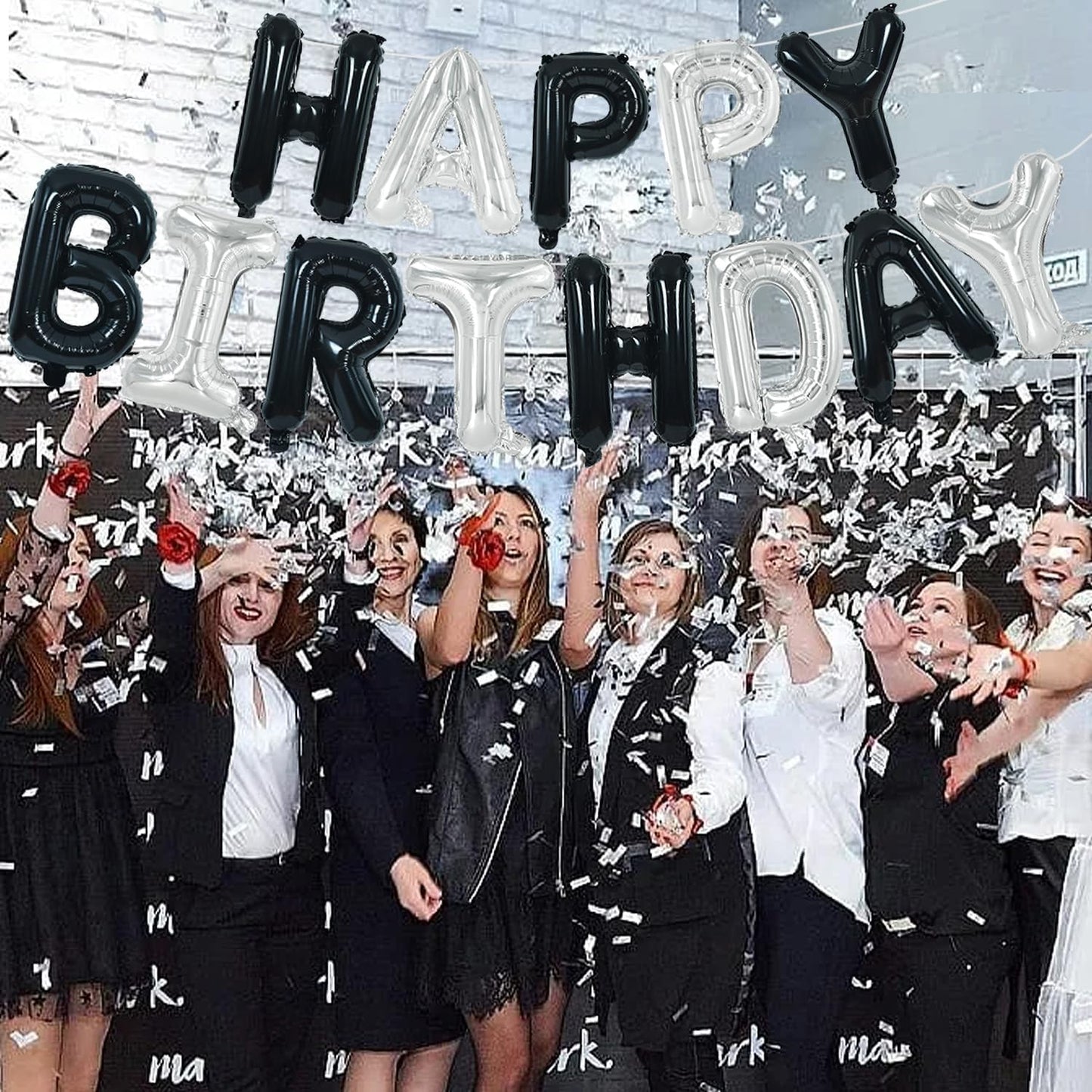 TONIFUL Happy Birthday Balloons Banner with Ribbon Straw, 16 Inch Mylar Letters Birthday Sign Banner Balloon Bunting Reusable for Girls Boys Kids & Adults Birthday Halloween Supplies(Black Silver)