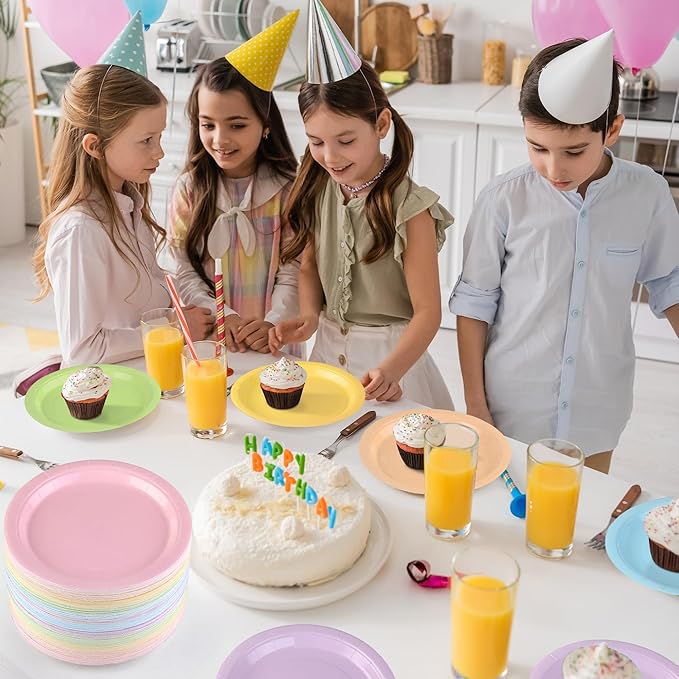 Kochorie 150 Pieces Pastel Rainbow Disposable Paper Plates 9 Inch Heavy Duty Dinner Plates, Solid Color, Table Decorations Party Supplies for Birthdays, Weddings, Daily Use