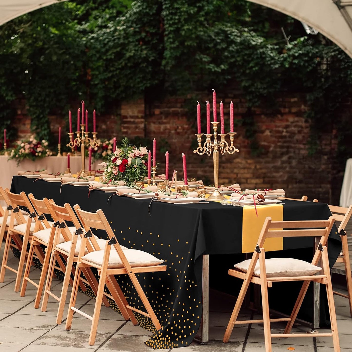 8Pack Disposable Plastic Tablecloths and Satin Table Runner Set Black Gold Dot Table Cloth Gold Satin Table Runner for Graduation Wedding Birthday Baby Shower Anniversary Holiday Party Decorations