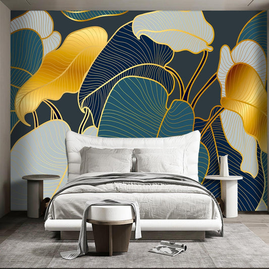 Golden Botanical Leaf wallpeper Living Room Bedroom Wall Mural - 183"x120"(Not Peel and Stick)