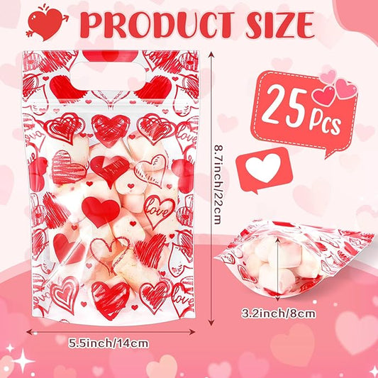 Blosssound 25 Pcs Valentine's Day Gift Bags Resealable Red Love Plastic Bags Happy Valentines Day Favor Pouch with Handle for Wedding Party Candy Gift Wrapping Supplies Decor(Red Valentines)