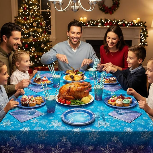 Winter Snowflake Paper Plates and Napkins Set, 194 Pcs Frozen Birthday Decorations Party Supplies, Winter Wonderland Disposable Tableware Includes Tablecloths, Banner, Cups and Cutlery, Serves 24