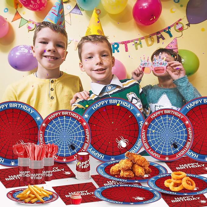 168Pcs Spider Birthday Decorations, Includes Plates Napkins Cups Knives Forks Spoons, Serve 24